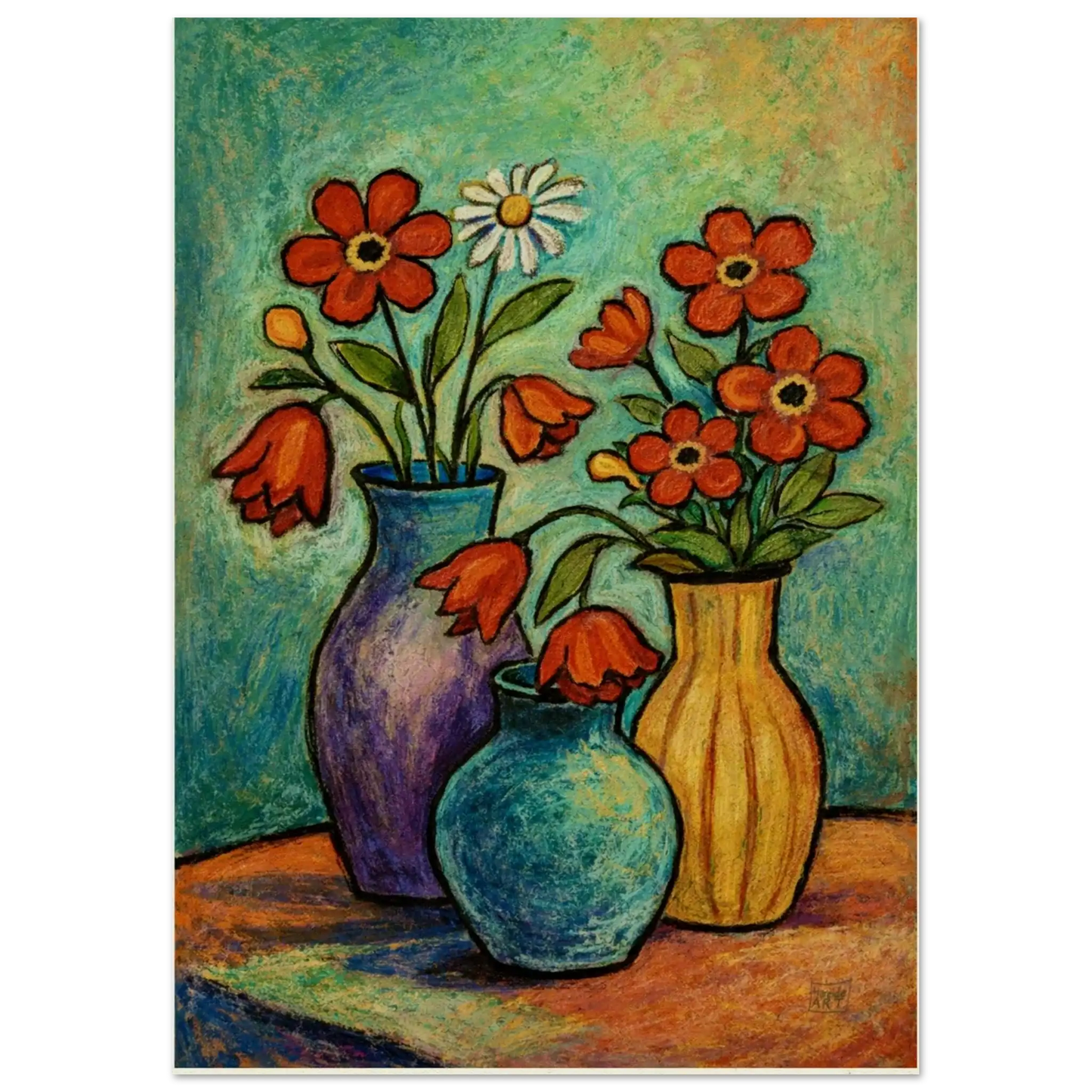 Fargerike blomster i pastell – moderne blomsterkunst med tre pastellfargede vaser og røde blomster og prestekrager, kunstprint av HareideART