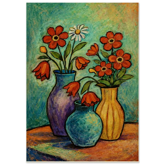 Fargerike blomster i pastell – moderne blomsterkunst med tre pastellfargede vaser og røde blomster og prestekrager, kunstprint av HareideART