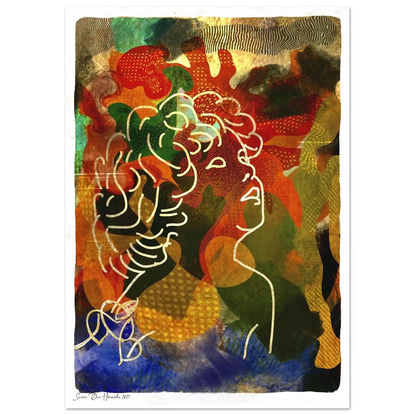 Fargerikt barn – illustrasjon av barnefigur med tykke hvite linjer og levende fargebakgrunn, kunstprint av HareideART