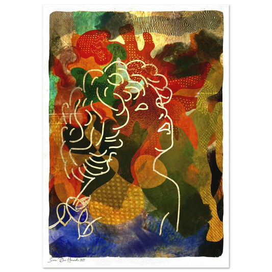 Fargerikt barn – illustrasjon av barnefigur med tykke hvite linjer og levende fargebakgrunn, kunstprint av HareideART