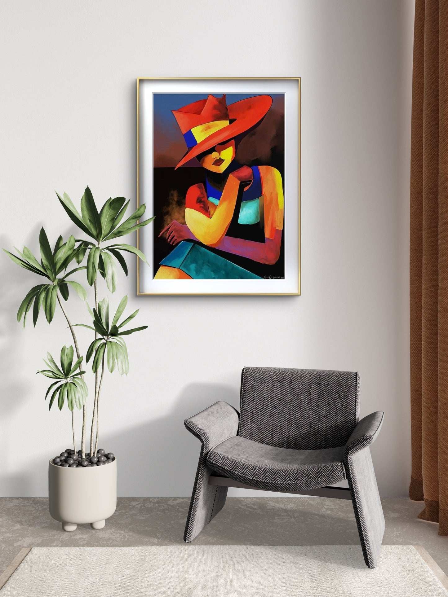 Portrett av dame med hatt – klassisk figurativt portrett med varmt lys og tidløs eleganse, Giclee print av HareideART