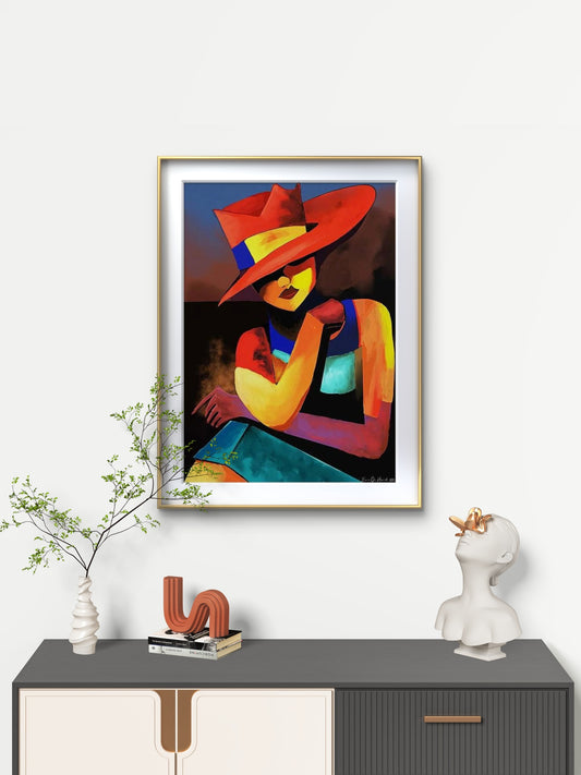 Portrett av dame med hatt – klassisk figurativt portrett med varmt lys og tidløs eleganse, Kunst print  av HareideART