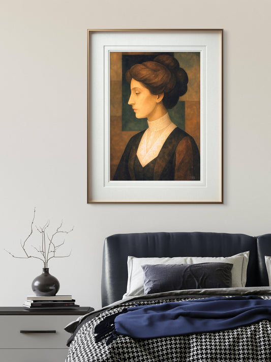 Portrett av kvinne – tidløs og elegant figurativt portrett med varmt lys og klassisk uttrykk, kunstprint av HareideART