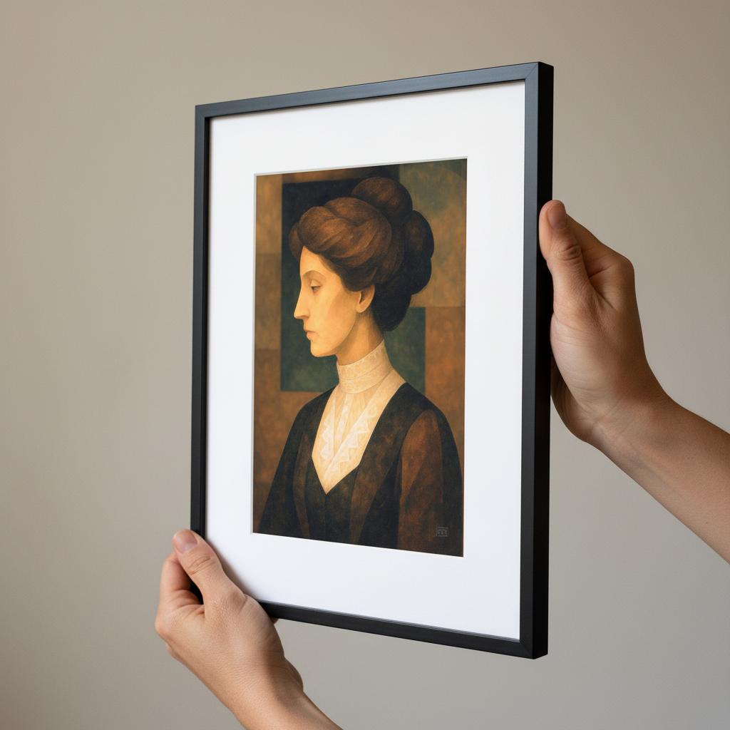 Portrett av kvinne – tidløs og elegant figurativt portrett med varmt lys og klassisk uttrykk, kunstprint av HareideART