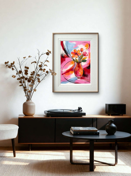 Abstrakt Blomsterkunst – Rosa og Oransje Ekspressivt Print