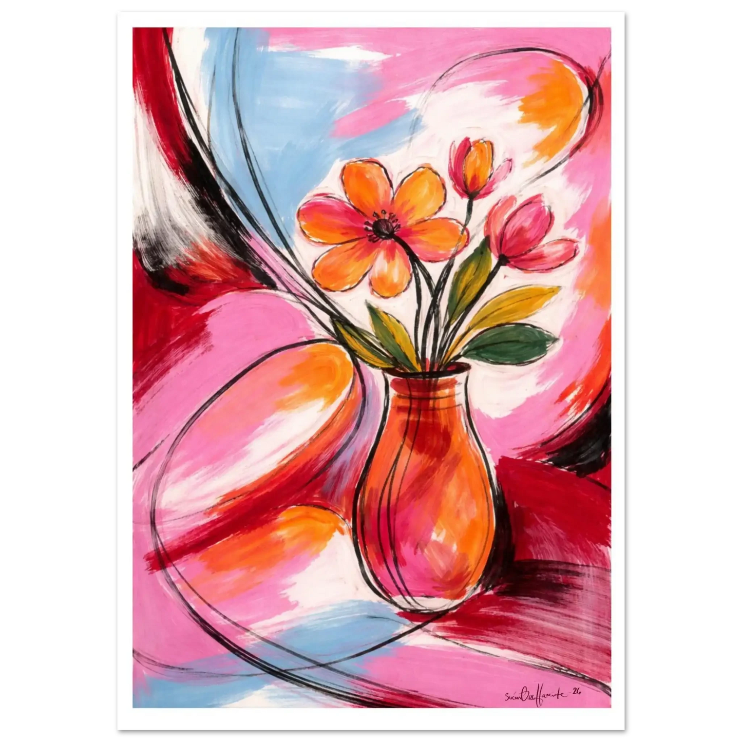 Abstrakt blomsterkunst – ekspressivt blomstermotiv i rosa og oransje med levende fargekraft og organisk form, kunstprint av HareideART