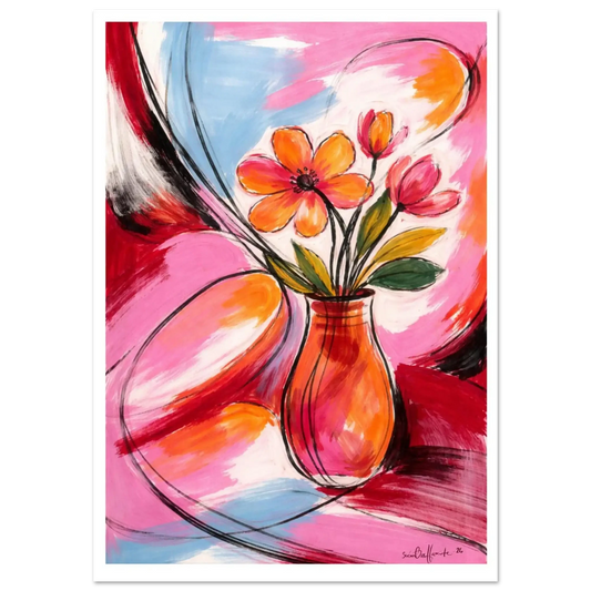 Abstrakt blomsterkunst – ekspressivt blomstermotiv i rosa og oransje med levende fargekraft og organisk form, kunstprint av HareideART