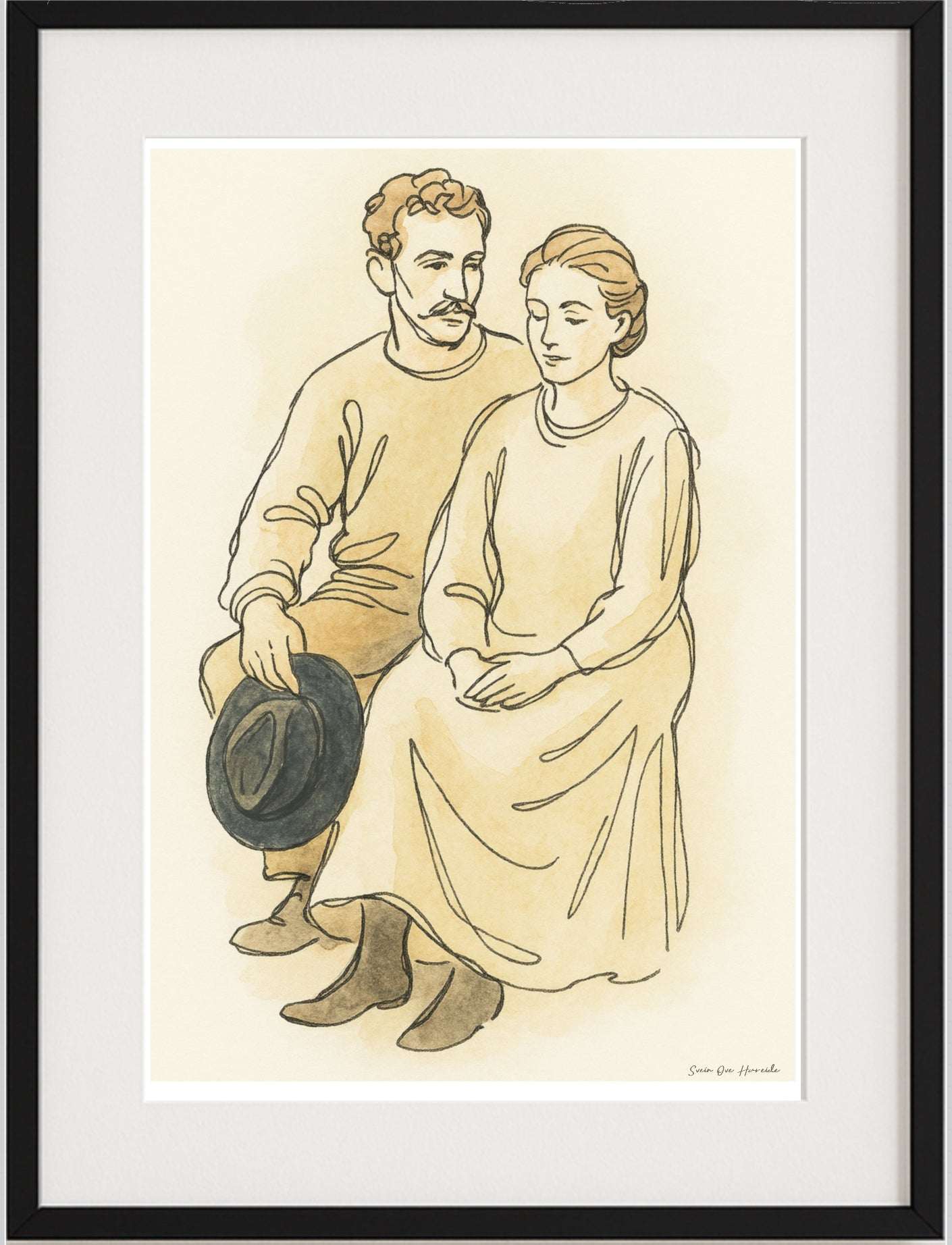 Rallartid – akvarell kunstprint med intimt rallarpar fra Ofotbanens historie i varme jordfarger, kunstprint av HareideART