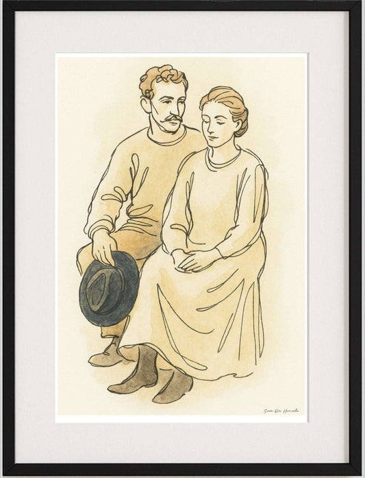 Rallartid – akvarell kunstprint med intimt rallarpar fra Ofotbanens historie i varme jordfarger, kunstprint av HareideART
