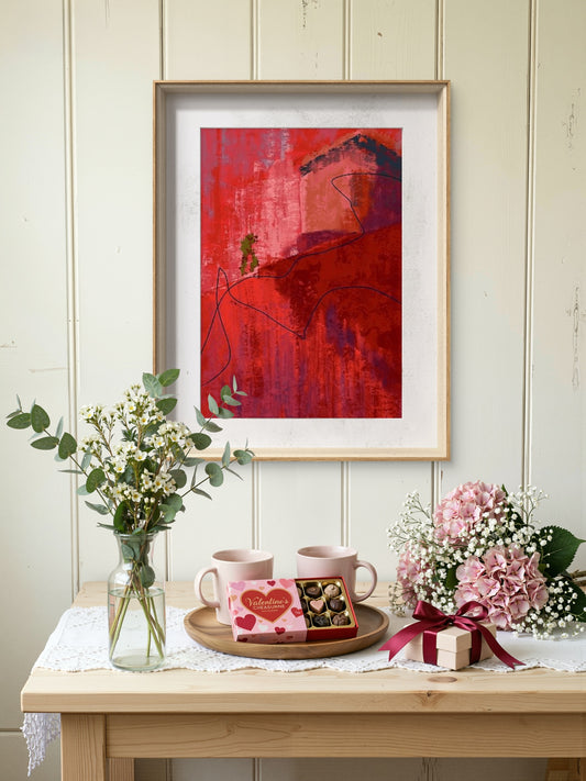 Red Art  – energisk abstrakt kunstverk med intense røde nyanser og kraftfulle kontraster, giclée print av HareideART