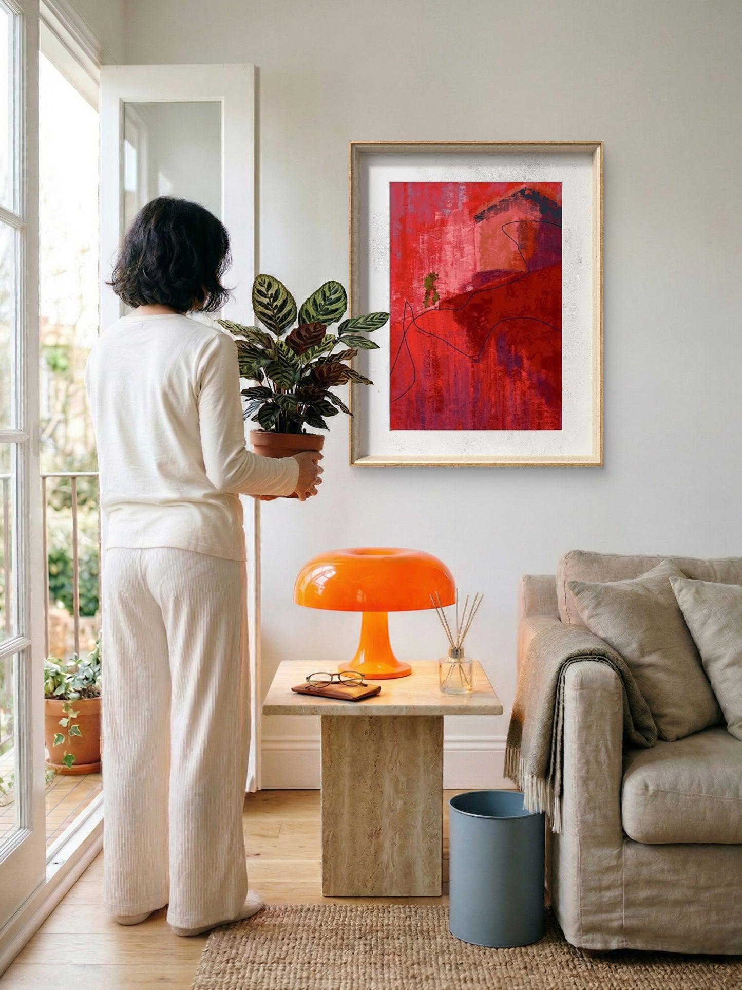 Red Art i sort ramme – energisk abstrakt kunstverk med intense røde nyanser og kraftfulle kontraster, giclée print av HareideART