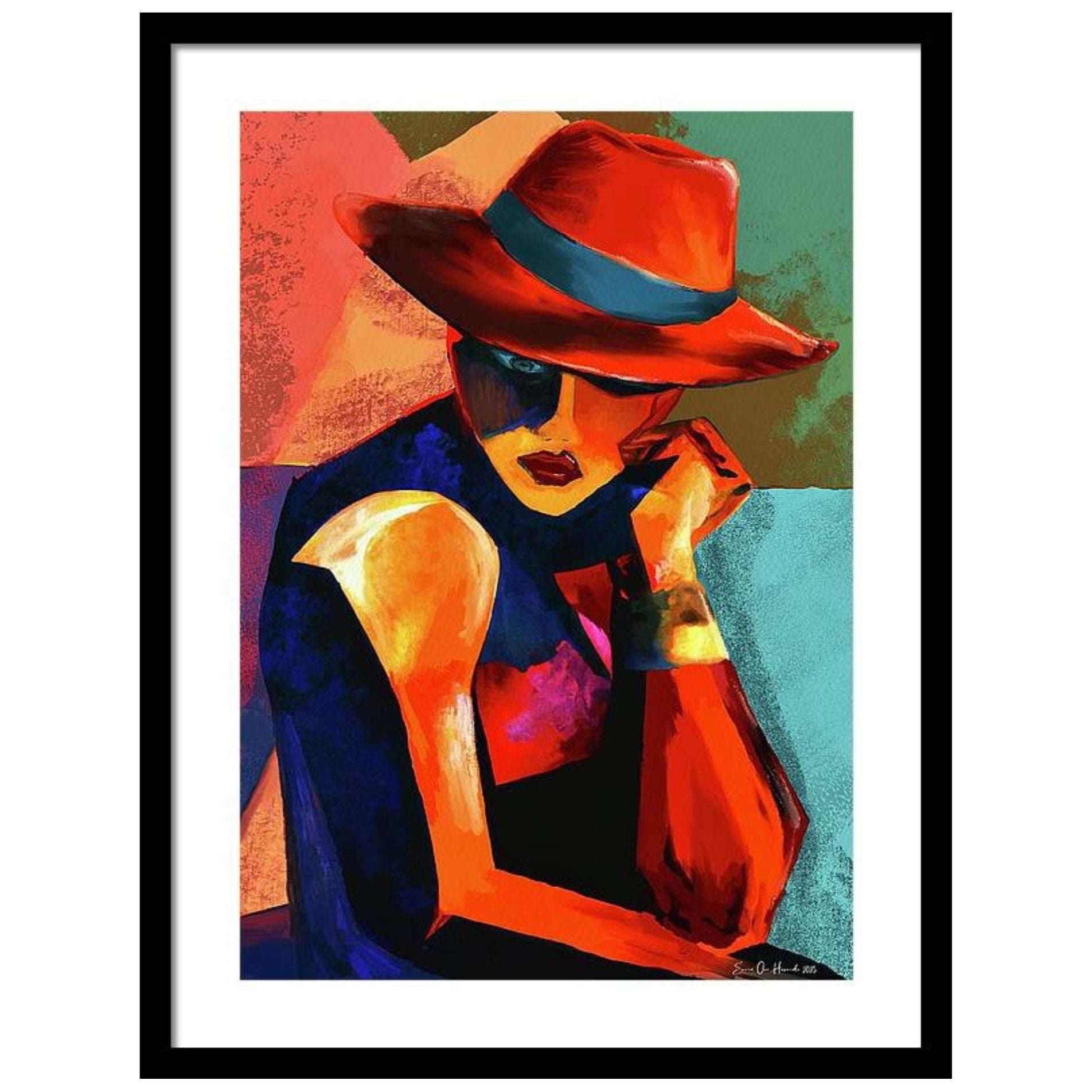 Reflekterende mann – figurativt portrett av mann med hatt i ettertenksom og intens stemning, kunstprint av HareideART