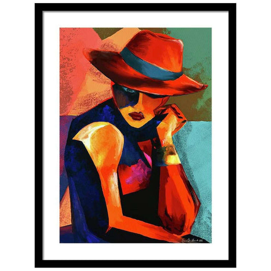 Reflekterende mann – figurativt portrett av mann med hatt i ettertenksom og intens stemning, kunstprint av HareideART