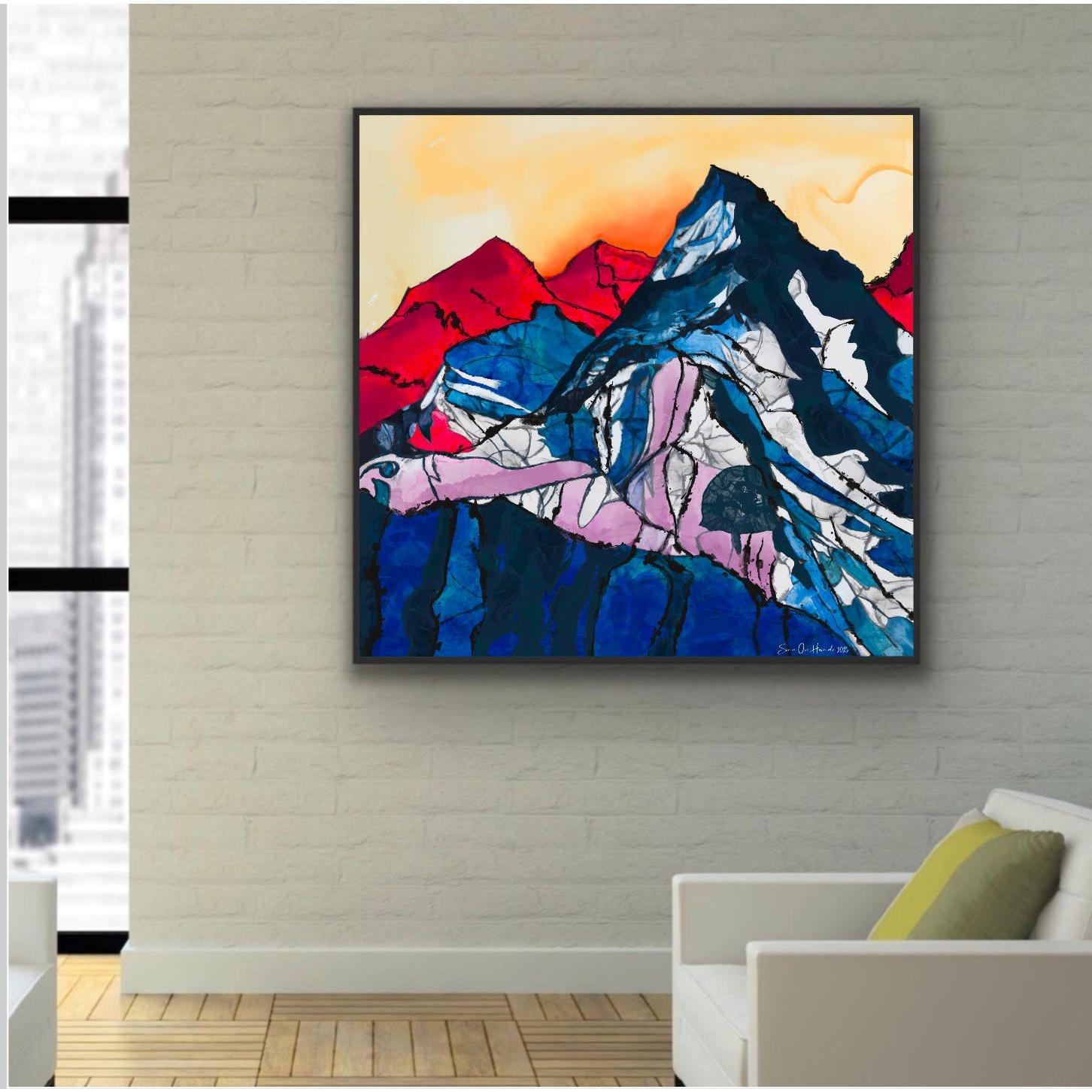 Abstrakt Fjellandskap delt i fargesegmenter med mørkeblå fjell, rosa, rødt og snøhvitt - digitalt kunstprint på canvas av Svein Ove Hareide, HareideART