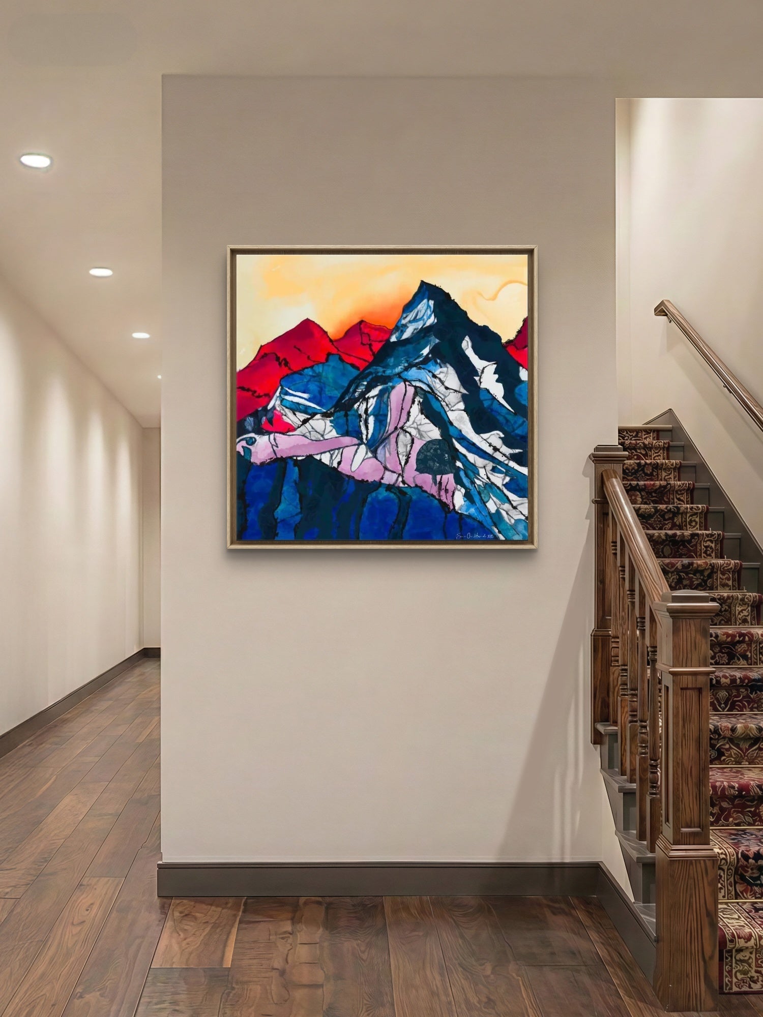 Abstrakt Fjellandskap delt i fargesegmenter med mørkeblå fjell, rosa, rødt og snøhvitt - digitalt kunstprint på canvas, HareideART