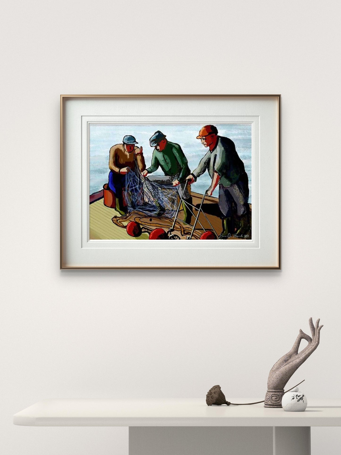 Sjøfarende refleksjoner – figurativt maritimt motiv med sjøfolk- Giclee trykk
