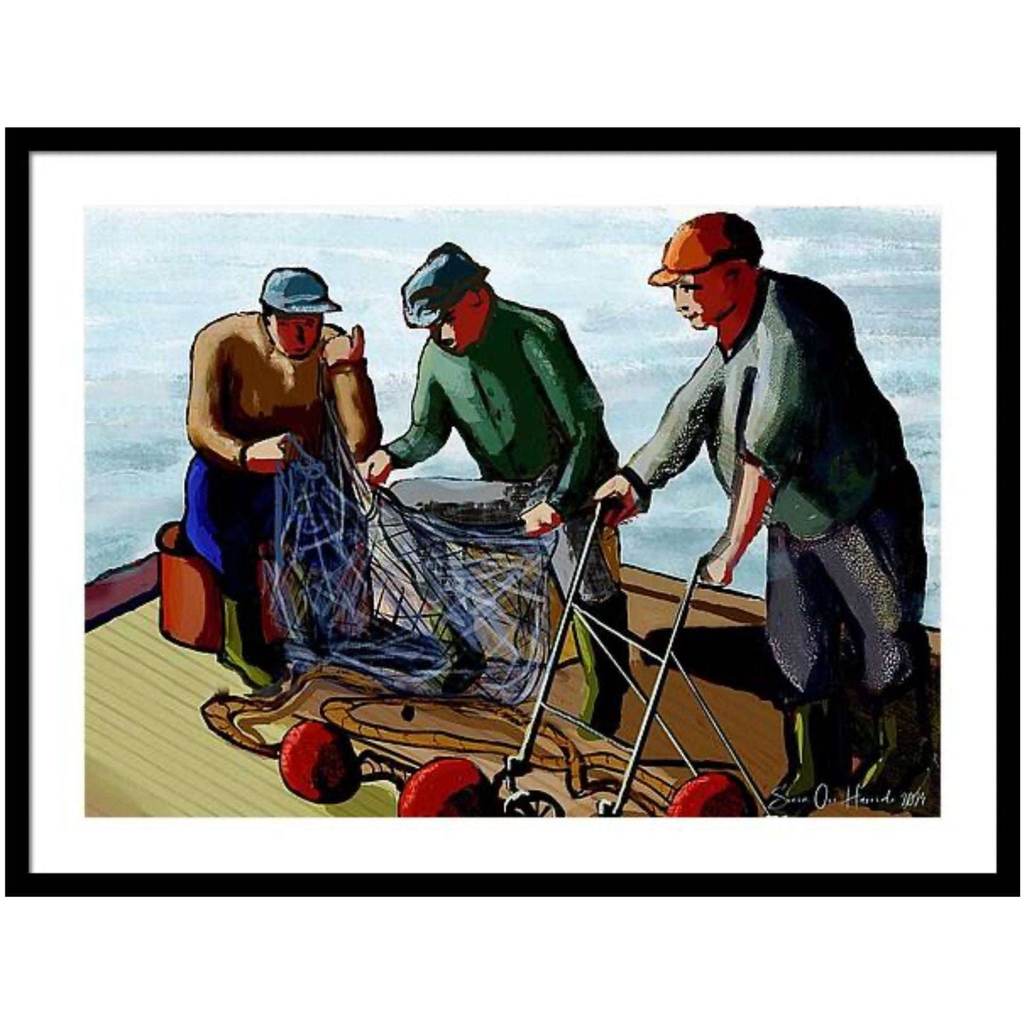 Sjøfarende refleksjoner – figurativt maritimt motiv med sjøfolk og havets stillhet i nordnorsk lys, kunstprint av HareideART