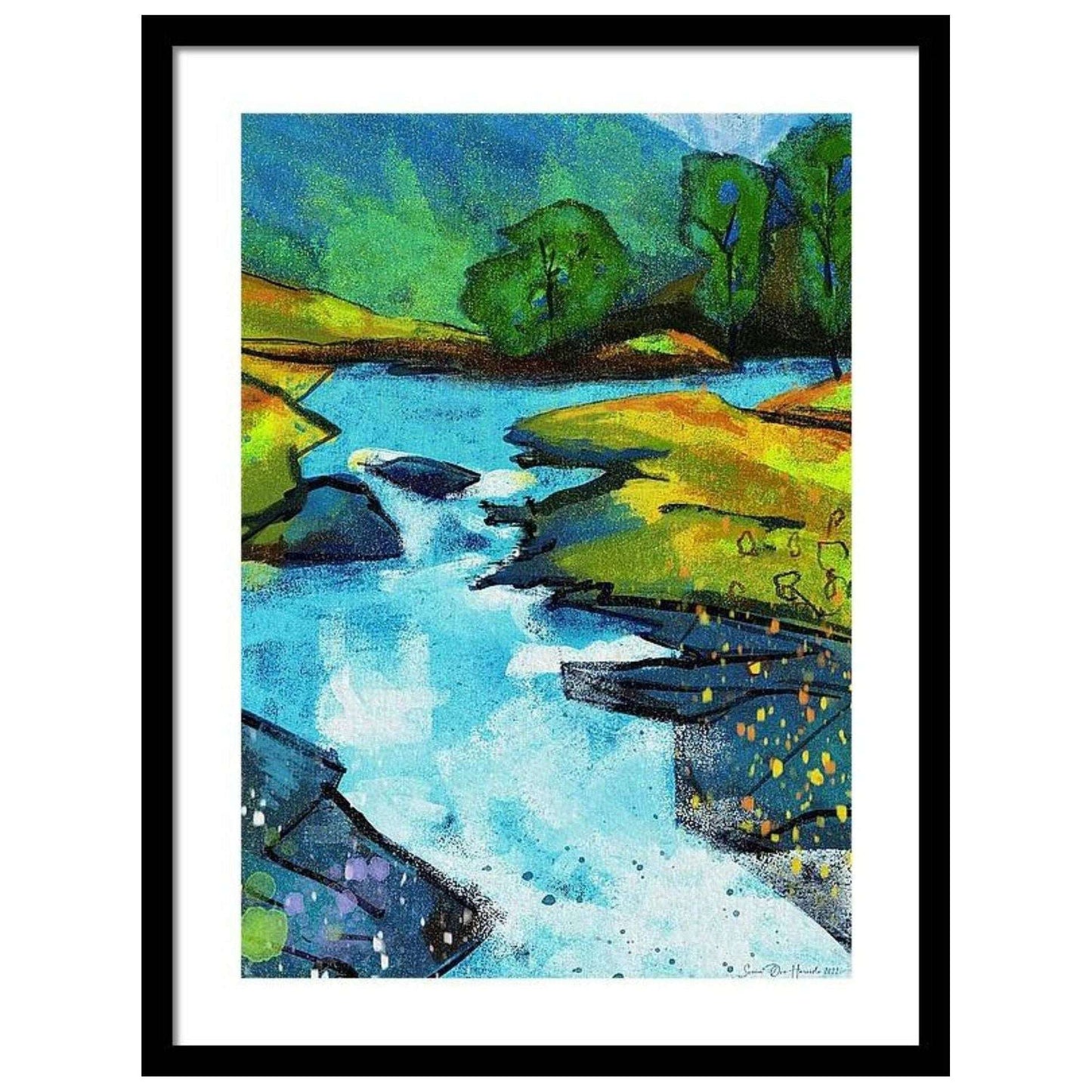 Abstrakt kunstprint av elven i Skamdalen, Beisfjord ved Narvik - Slyngende elveløp og fjellformasjoner i levende farger, malt av HareideART