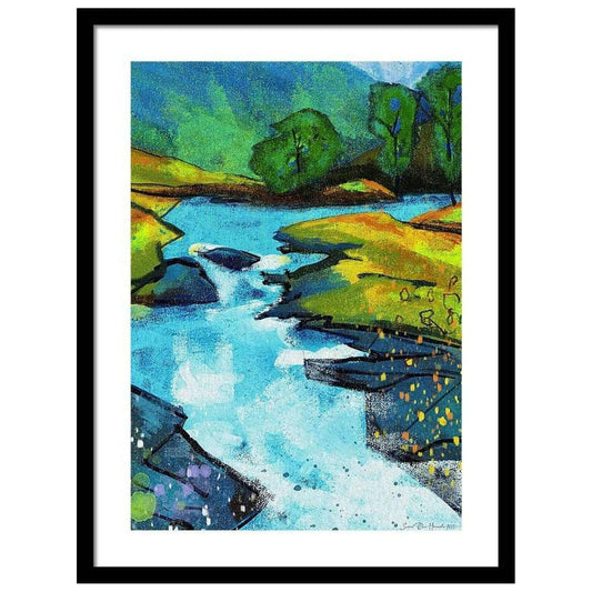 Abstrakt kunstprint av elven i Skamdalen, Beisfjord ved Narvik - Slyngende elveløp og fjellformasjoner i levende farger, malt av HareideART