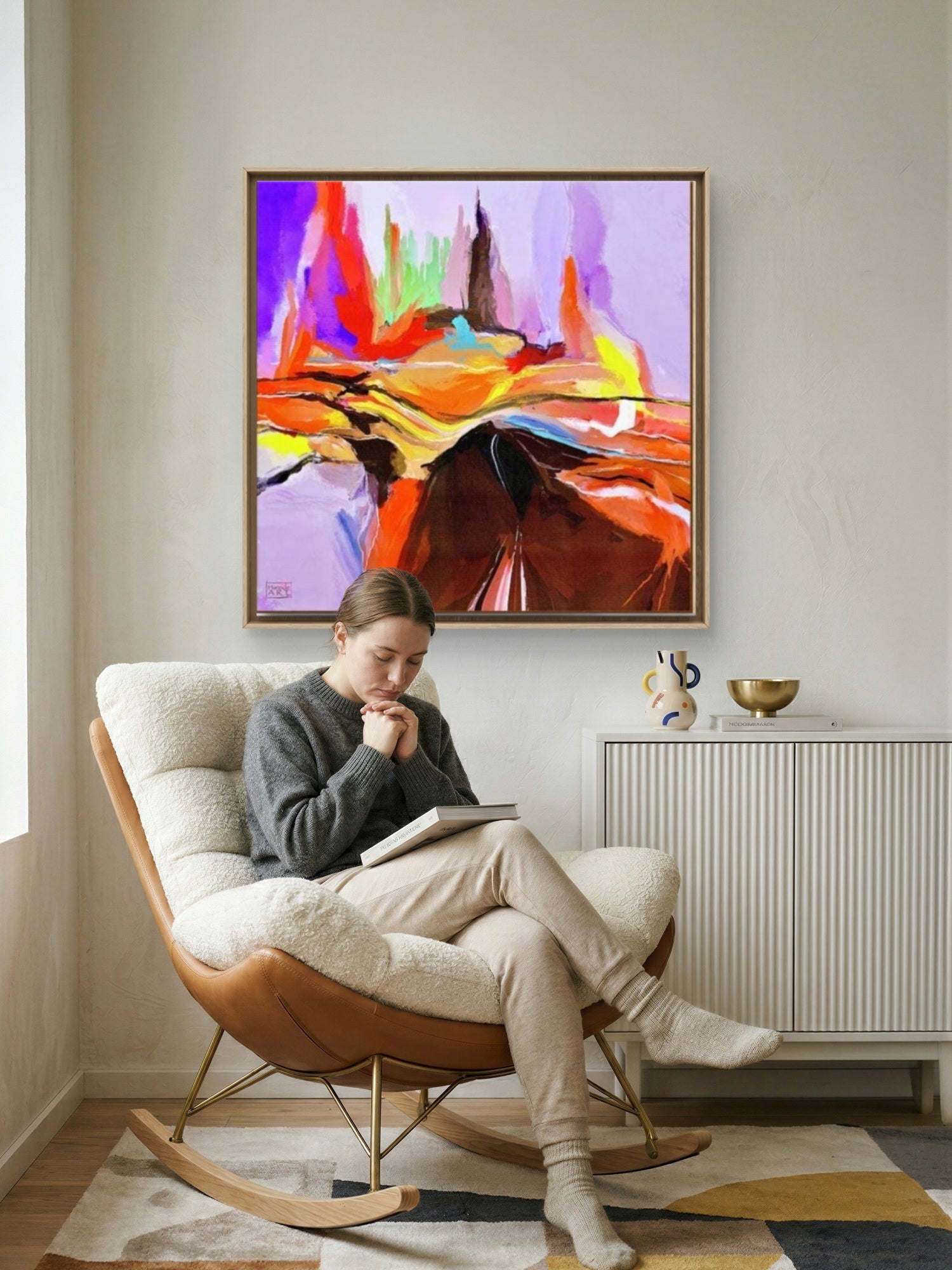 Abstrakt snauhogget skog med lyngrødt og lilla i forgrunnen, brune stubber og en mystisk grønn-blå bakgrunn – digitalt kunstprint av HareideART-2
