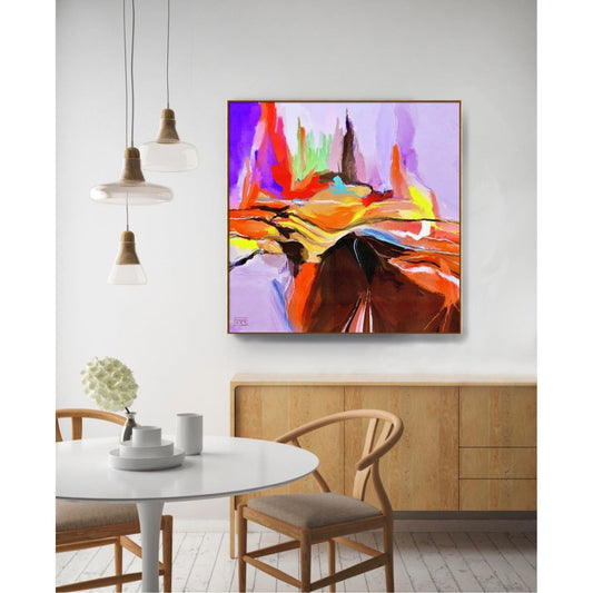 Abstrakt snauhogget skog med lyngrødt og lilla i forgrunnen, brune stubber og en mystisk grønn-blå bakgrunn – digitalt kunstprint av HareideART