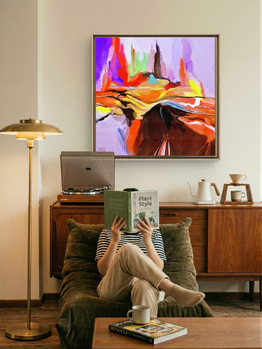 Abstrakt snauhogget skog med lyngrødt og lilla i forgrunnen, brune stubber og en mystisk grønn-blå bakgrunn – digitalt kunstprint av HareideART -1 