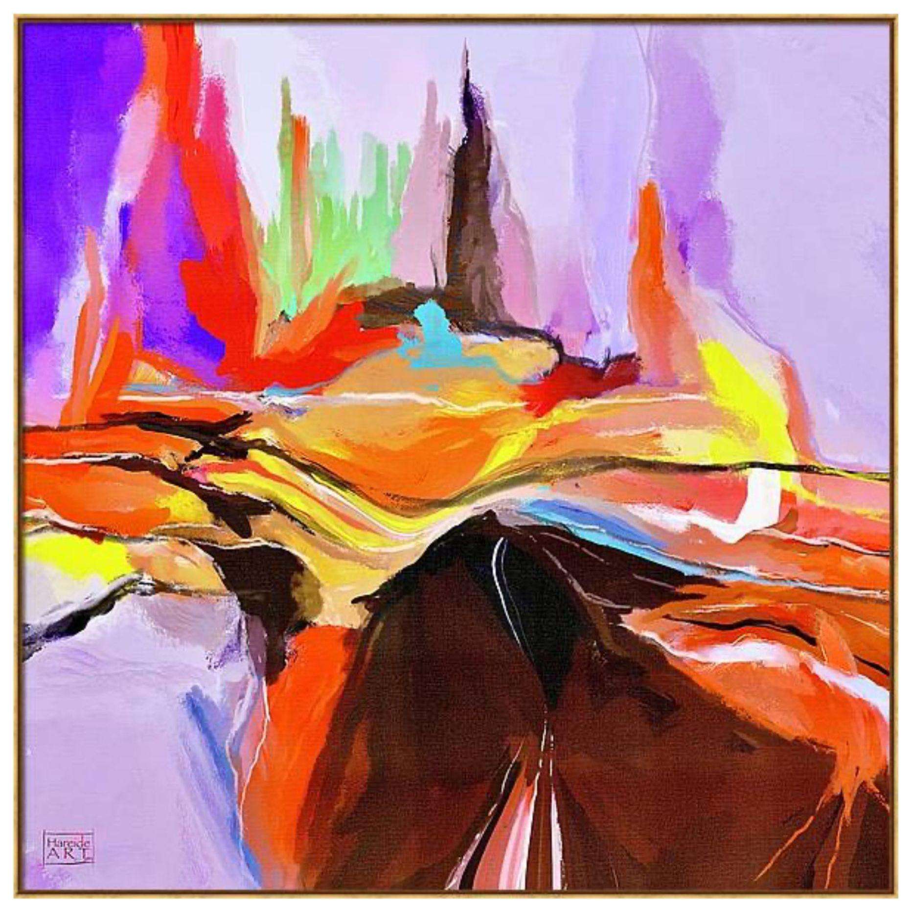 Nærbilde av tekstur og fargedetaljer i abstrakt skogsmotiv – digitalt kunstprint på canvas fra HareideART, med hvit treramme