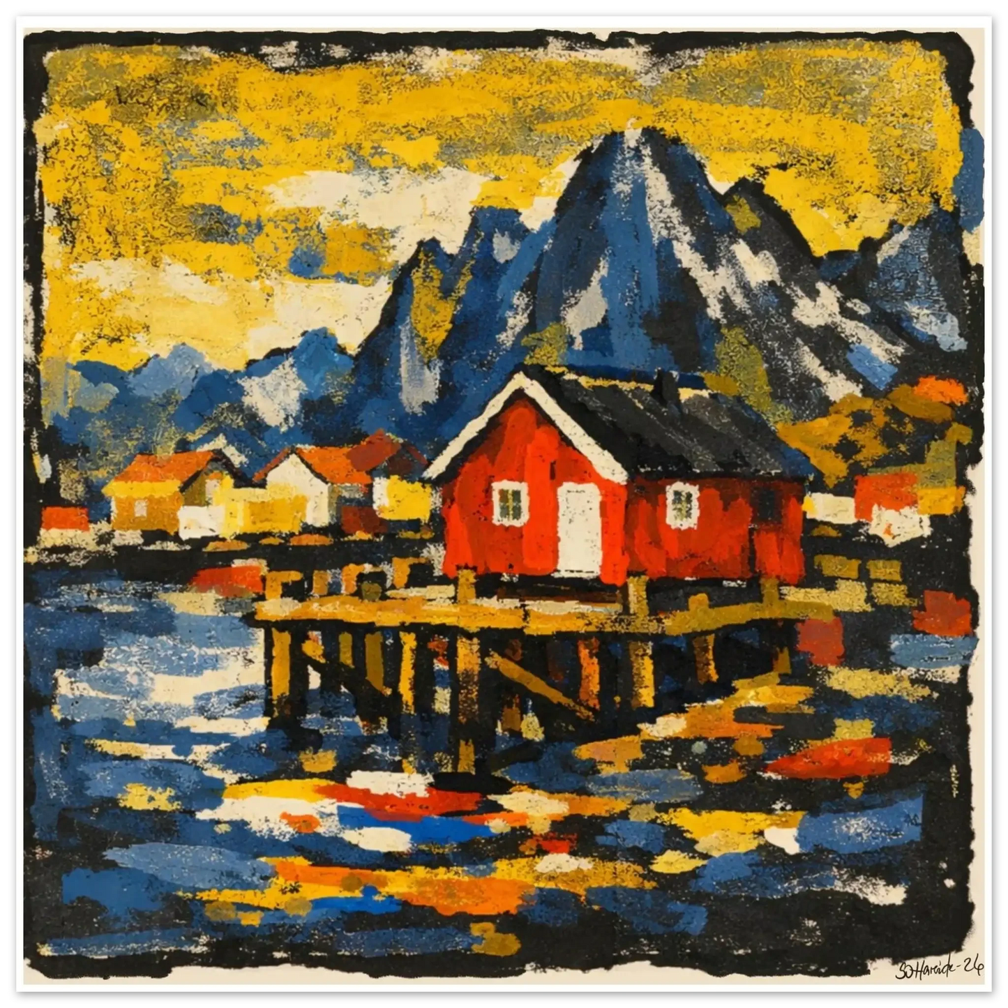 Lys over rorbua – abstrakt kystlandskap med varmt lys som faller over rorbua ved stille fjordvann, kunstprint av HareideART