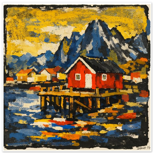 Lys over rorbua – abstrakt kystlandskap med varmt lys som faller over rorbua ved stille fjordvann, kunstprint av HareideART
