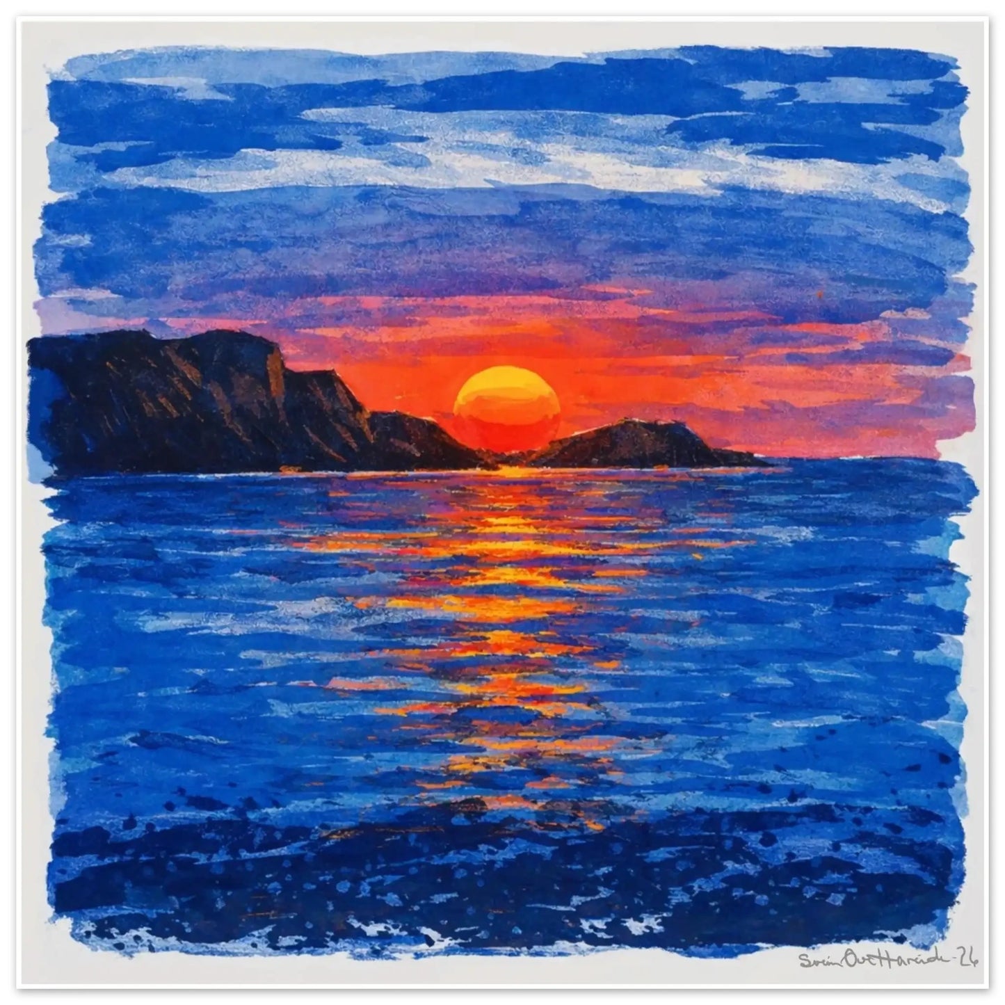 Når solen møter havet – abstrakt solnedgang over hav med gloende fargemøte mellom lys og vann, kunstprint av HareideART