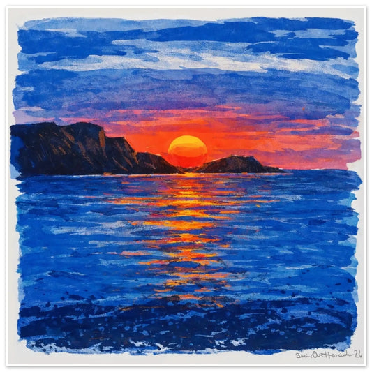 Når solen møter havet – abstrakt solnedgang over hav med gloende fargemøte mellom lys og vann, kunstprint av HareideART