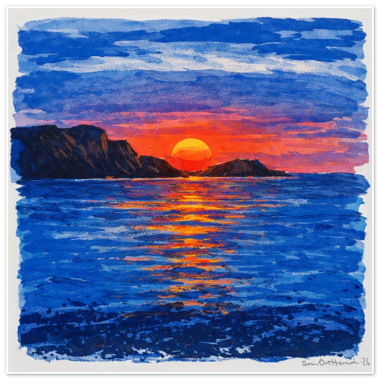 Solen går ned i havet uten ramme