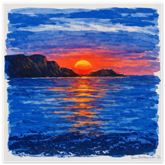 Solen går ned i havet uten ramme