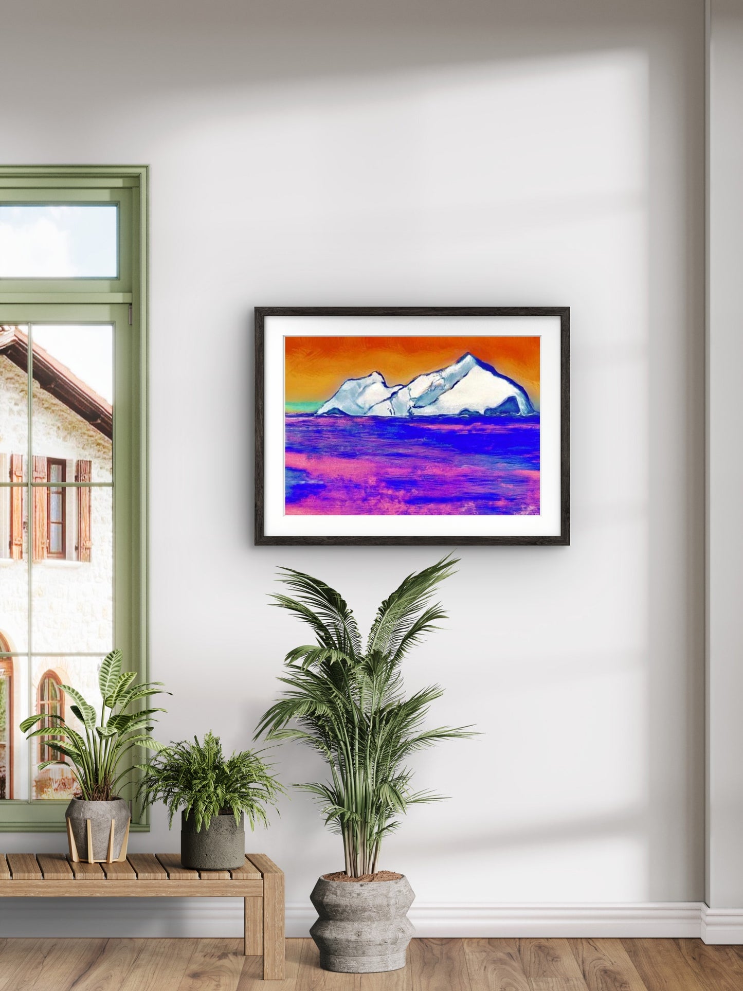 Solnedgang i Arktis – majestetisk arktisk solnedgang med dype røde og lilla himmelfarger over nordlig landskap, kunstprint av HareideART