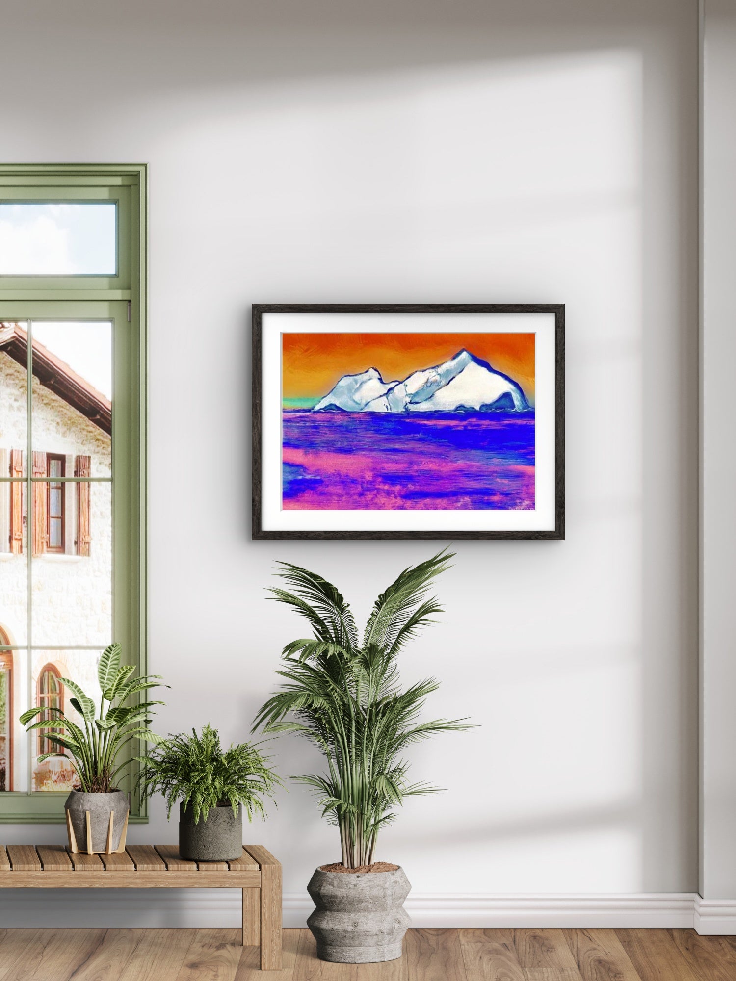 Solnedgang i Arktis – majestetisk arktisk solnedgang med dype røde og lilla himmelfarger over nordlig landskap, kunstprint av HareideART
