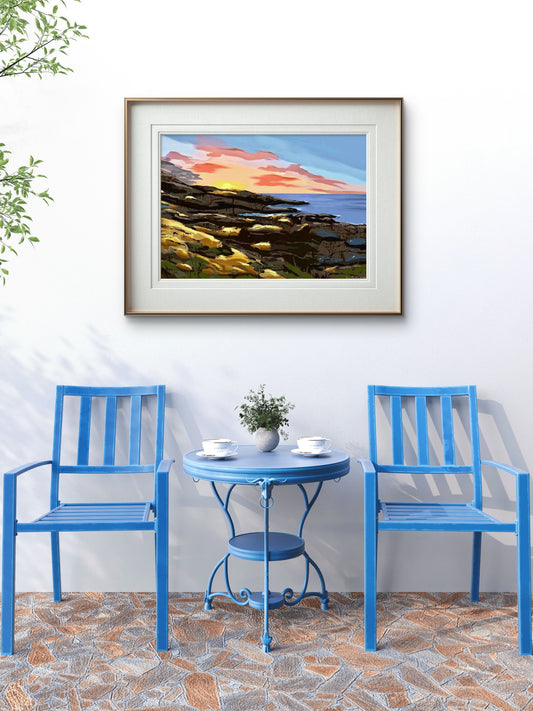 Solnedgangsserenade – dramatisk solnedgang med gloende himmelfarger og lyrisk natursstemning, kunstprint av HareideART