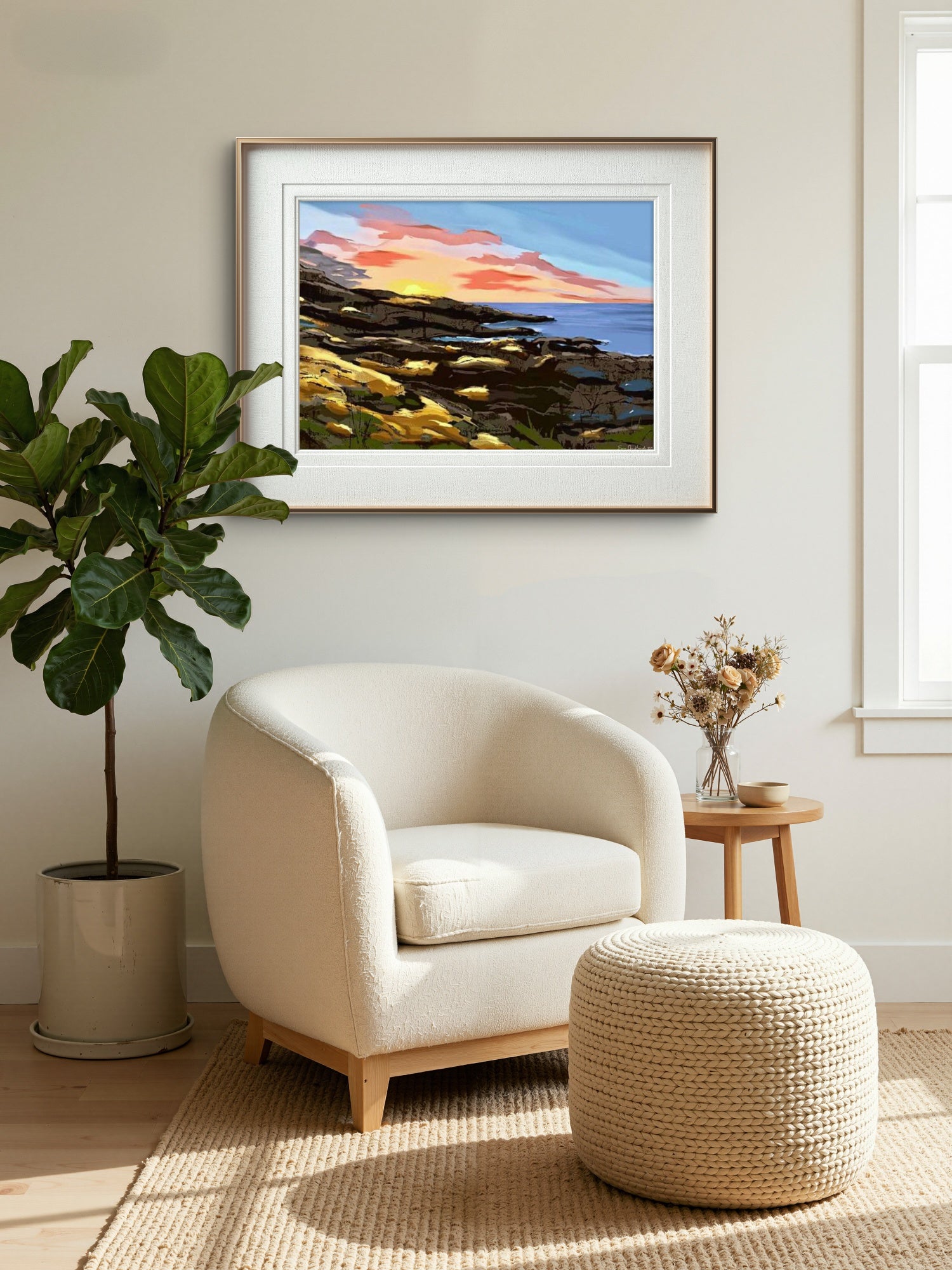 Solnedgangsserenade – dramatisk solnedgang med gloende himmelfarger og lyrisk natursstemning, kunstprint