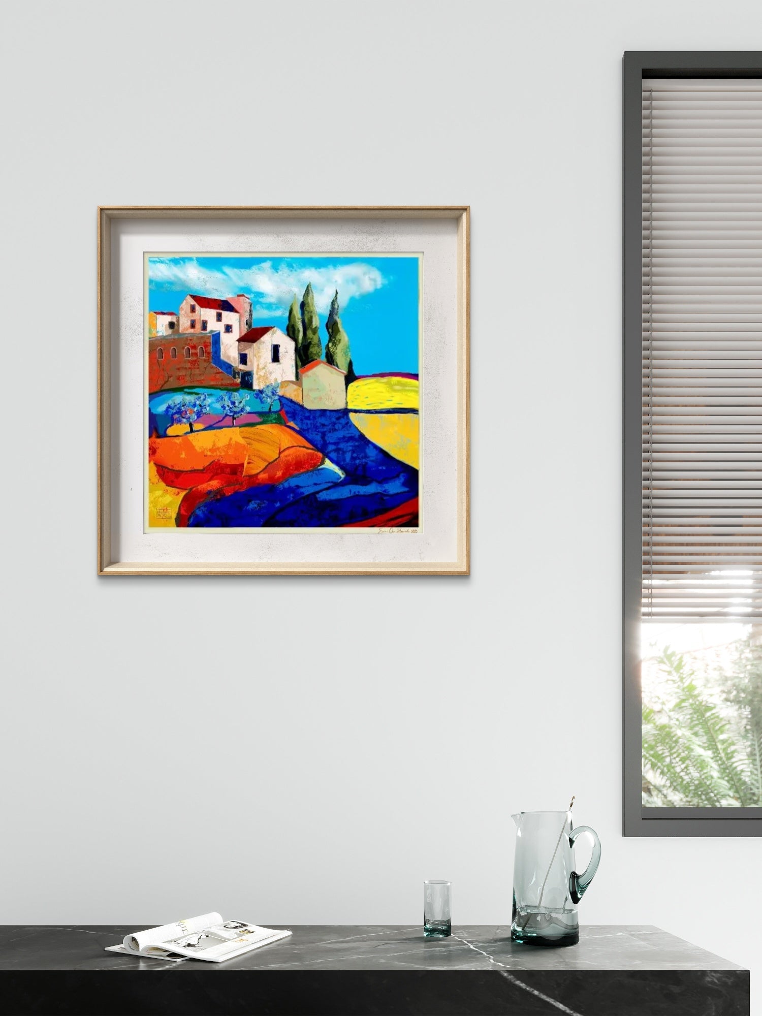 Spansk landsby II – stemningsfullt middelhavslandskap med hvite hus og sydøstlig varme, kunstprint av HareideART