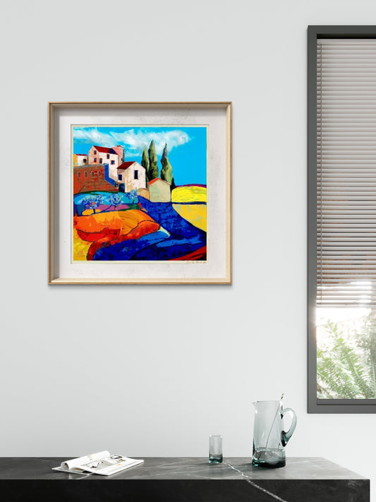 Spansk landsby II – stemningsfullt middelhavslandskap med hvite hus og sydøstlig varme, kunstprint av HareideART