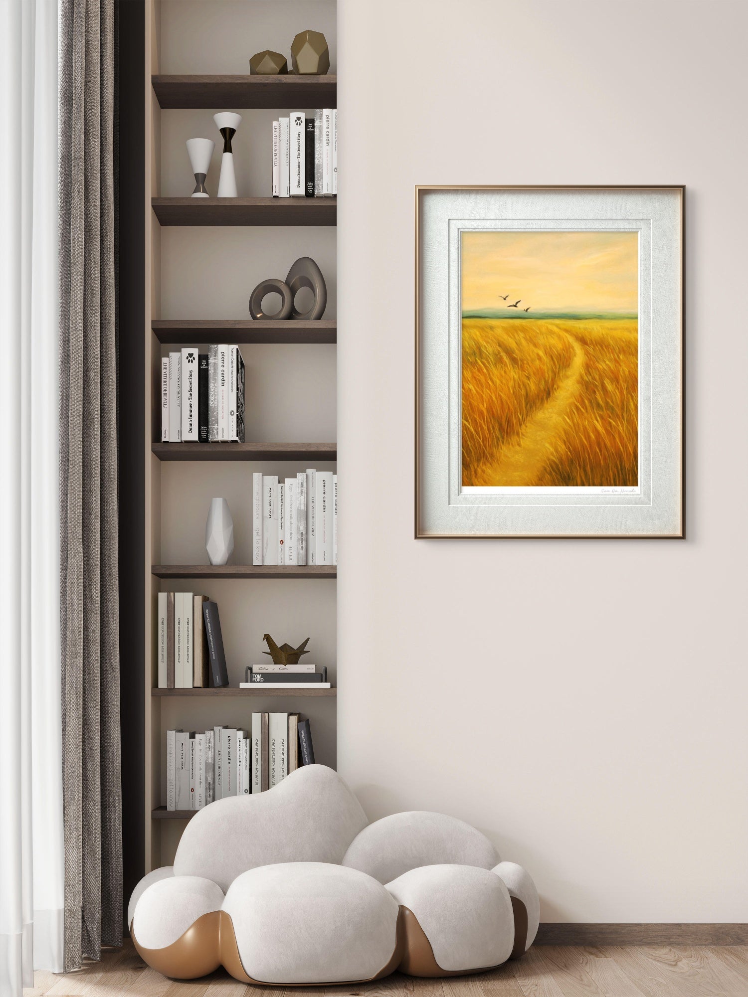 Abstrakt kunstprint av kornåker i gylne sommertoner med fugler og himmel. Kunsttrykk