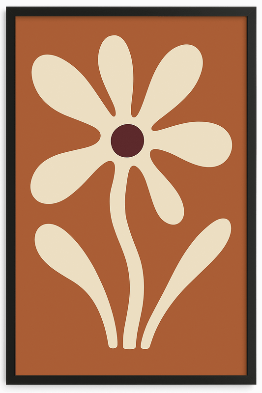 Solblomst – stilisert gul solblomst mot varm terrakottabakgrunn i nostalgisk 70-tallsgrafisk stil, kunstprint av HareideART
