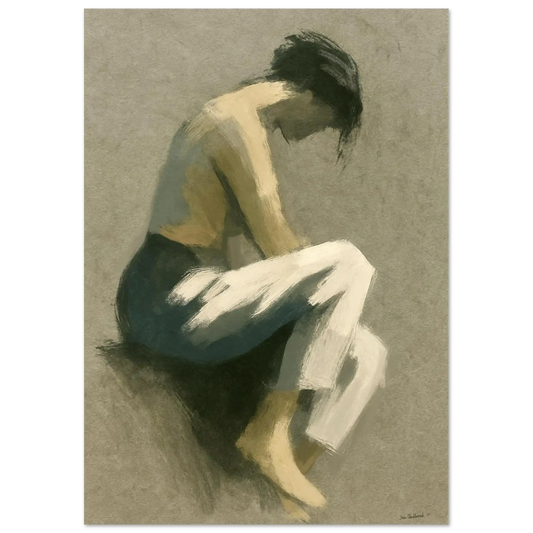 Stillhet i tankene – figurativ kunstprint med foroverbøyd figur i bruntoner som formidler indre ro og kontemplasjon, kunstprint av HareideART