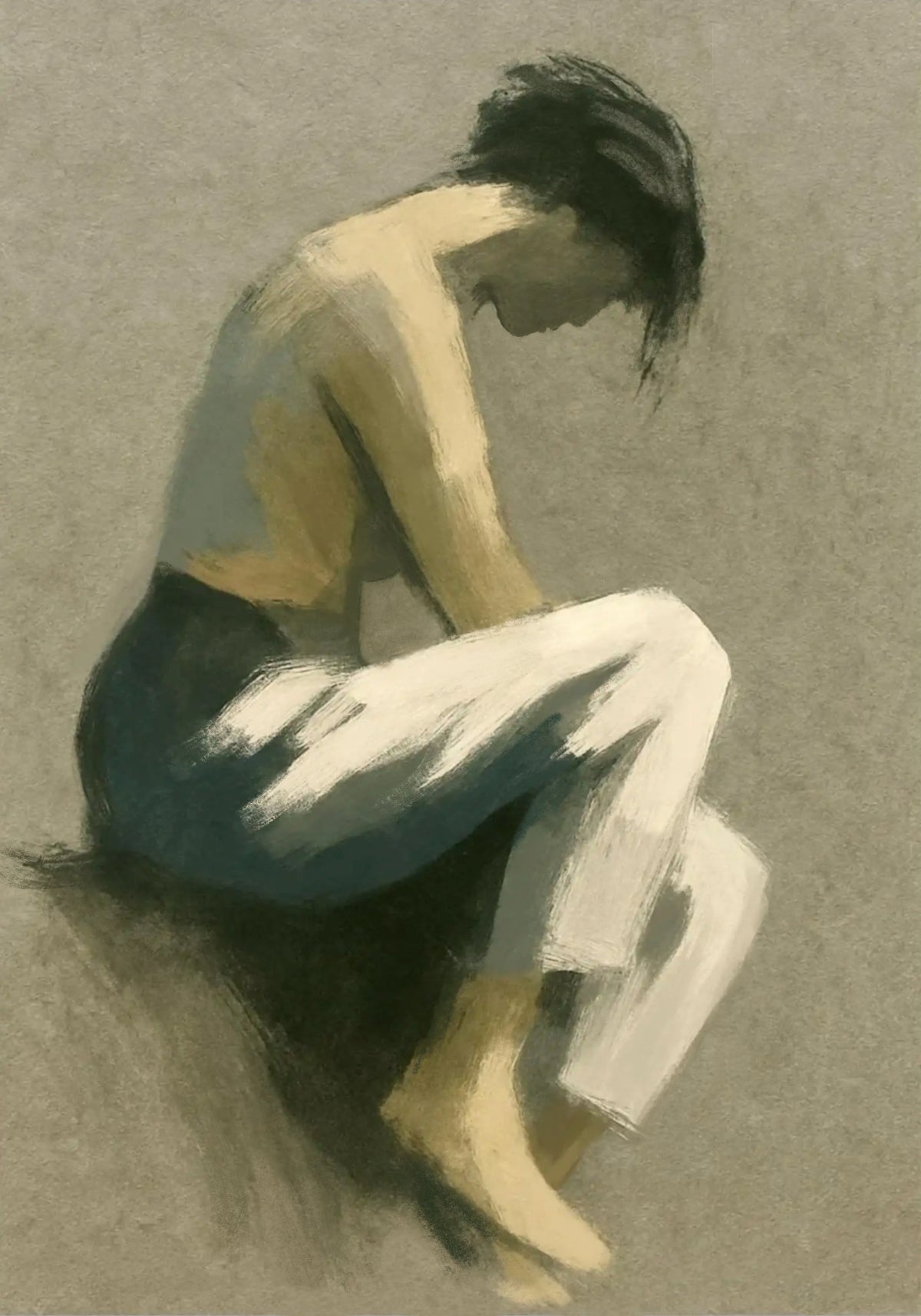 Stillhet i tankene – introspektivt figurativt portrett i varme bruntoner, giclée-print av HareideART