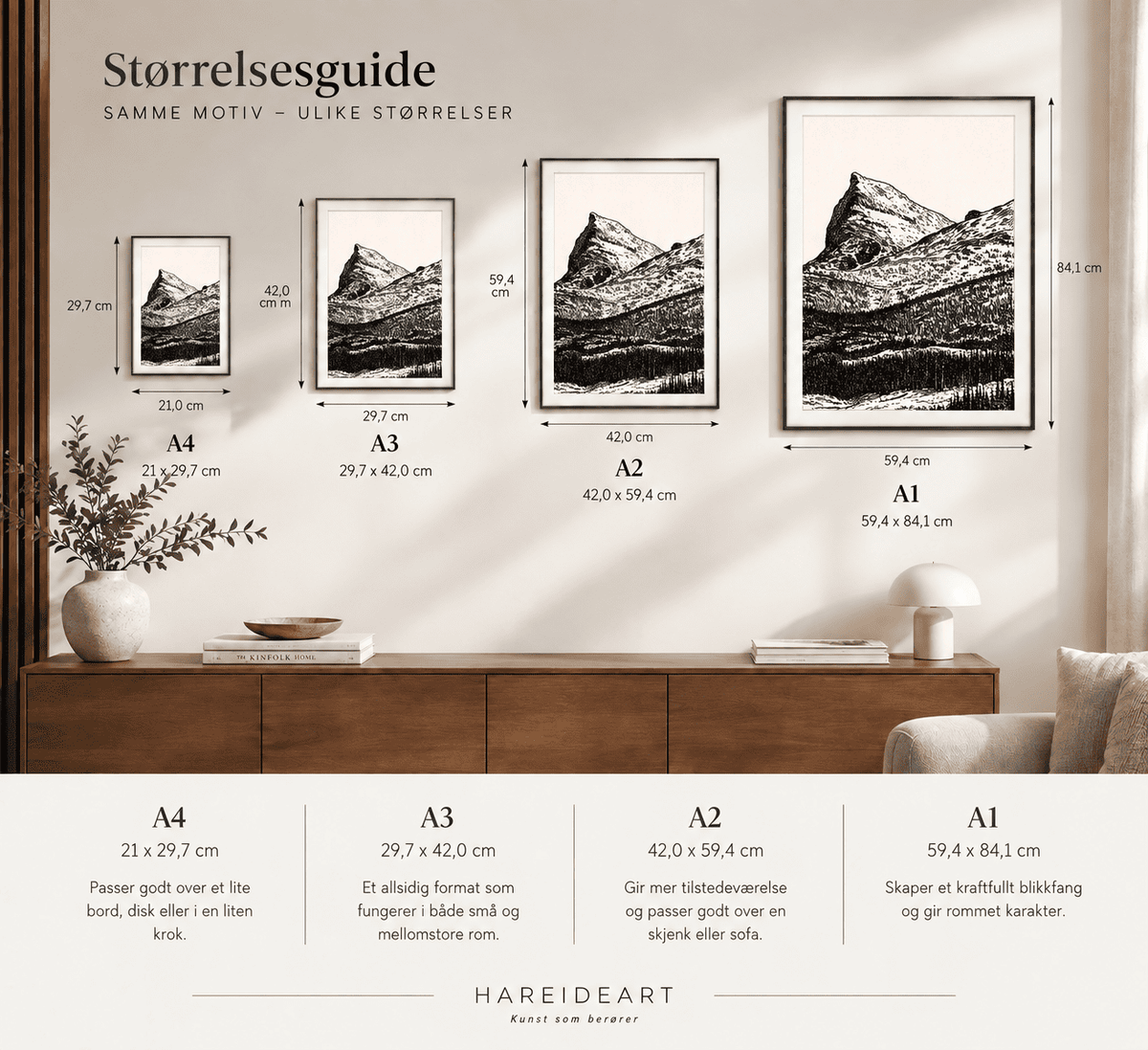 Tøttatoppen Ink Drawing – blekktegning av fjelltoppen over Narvik, giclée-trykk, størrelser