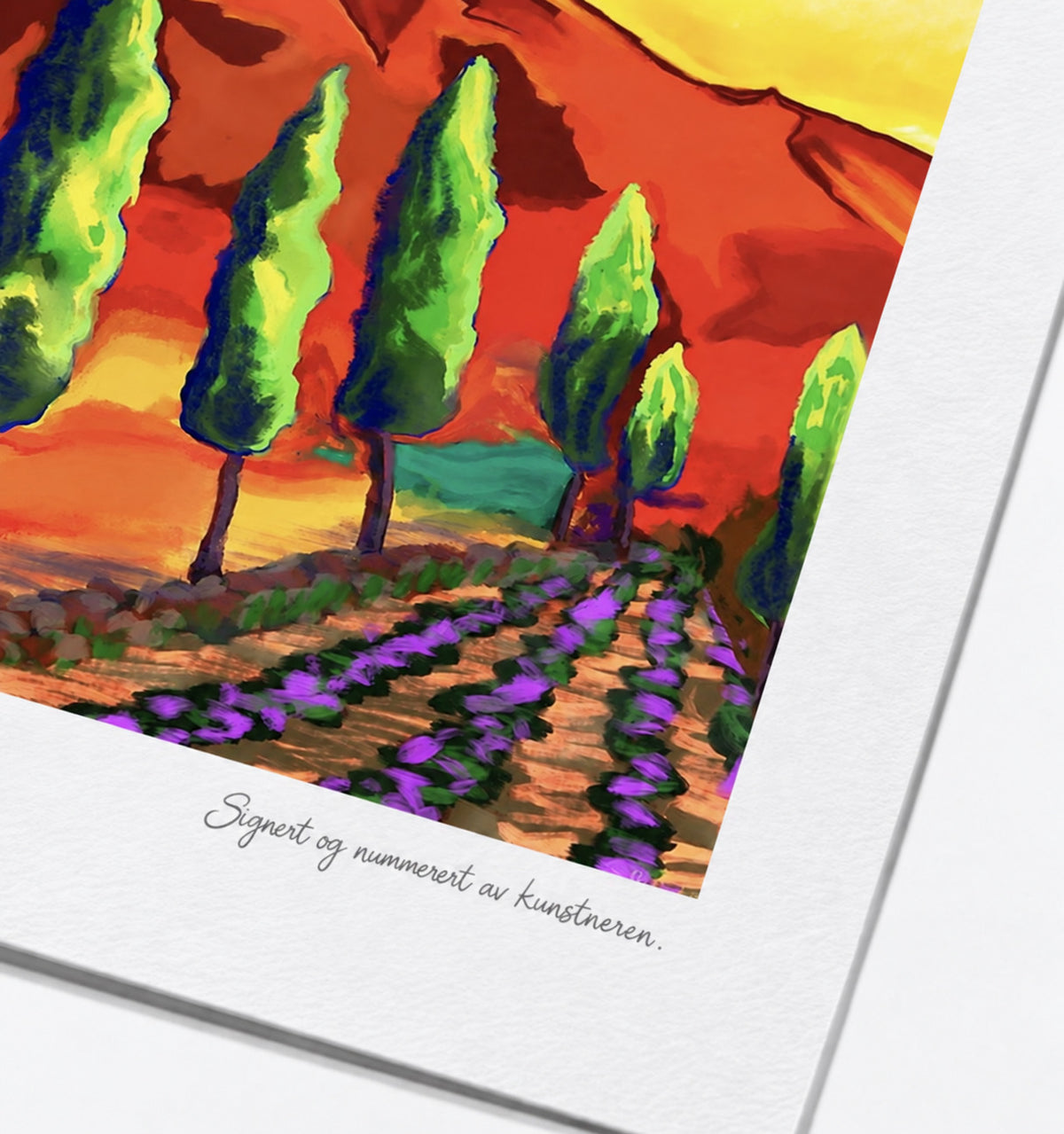 Cypress og lavendel – sydøstlig middelhavslandskap, giclée-trykk av HareideART