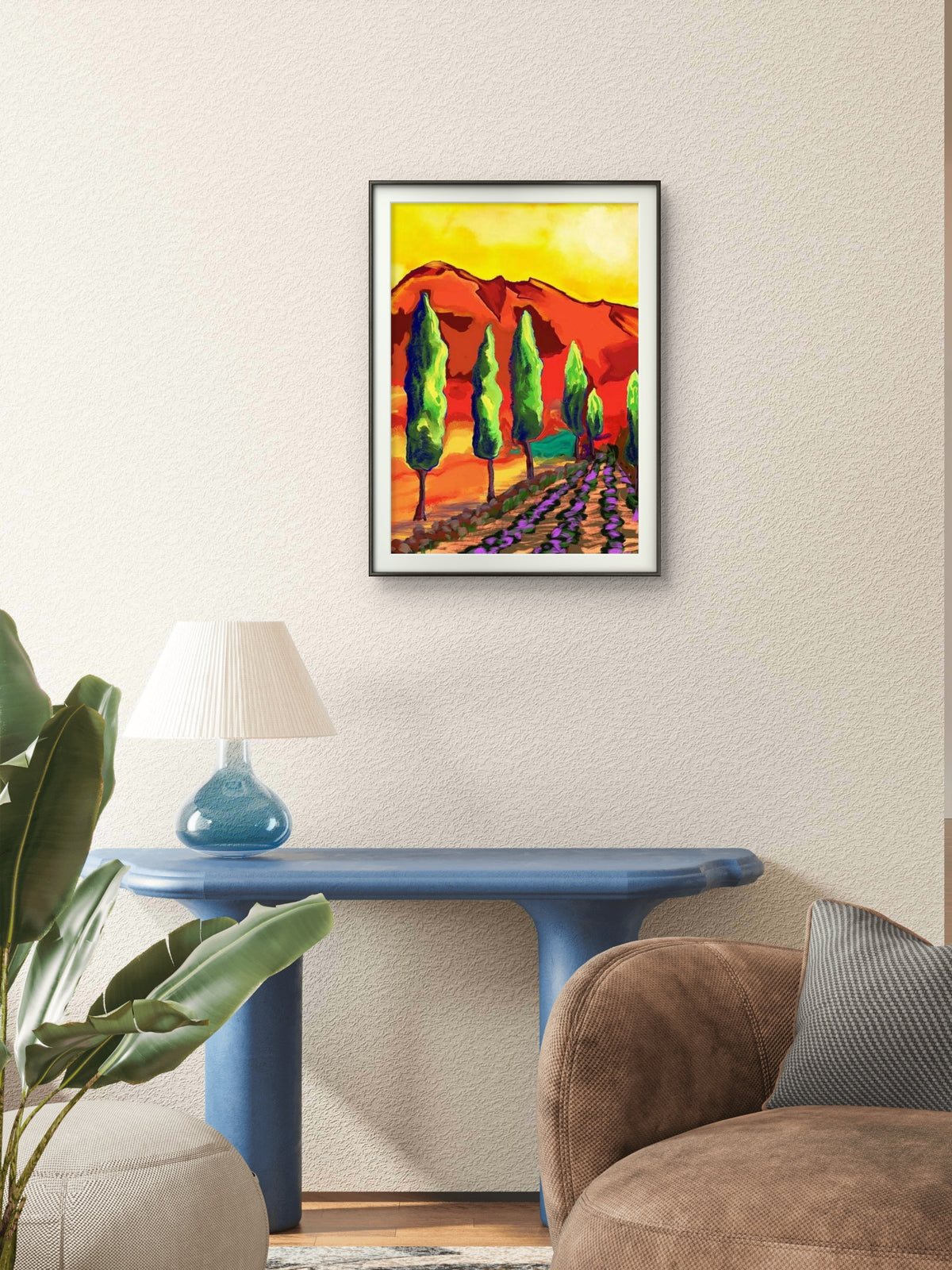 Cypress og lavendel – nærbilde av høye cypresskroner, giclée-print av HareideART