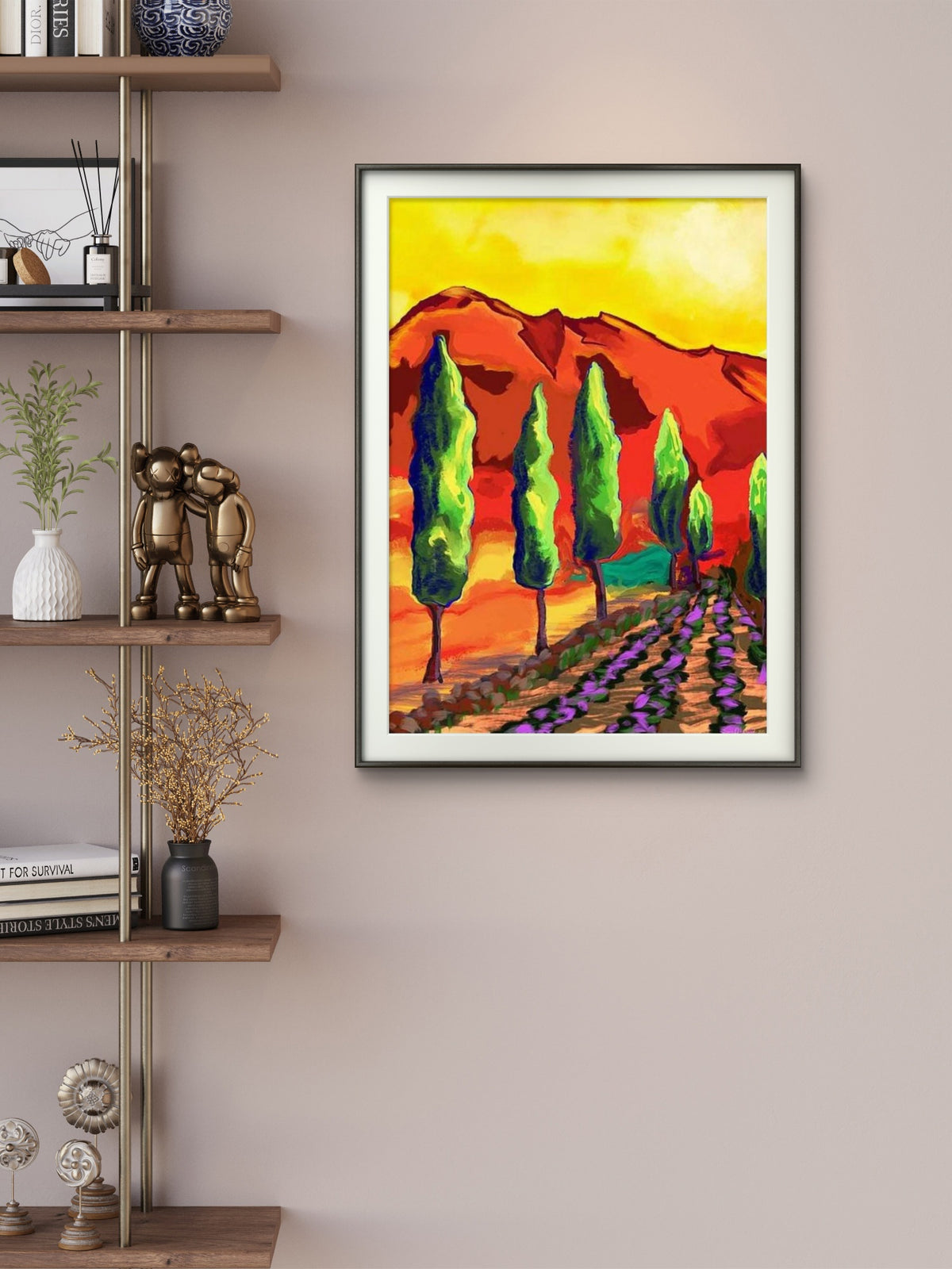 Cypress og lavendel – sydøstlig landskap med høye cypresskroner og lilla lavendelmark, kunstprint av HareideART