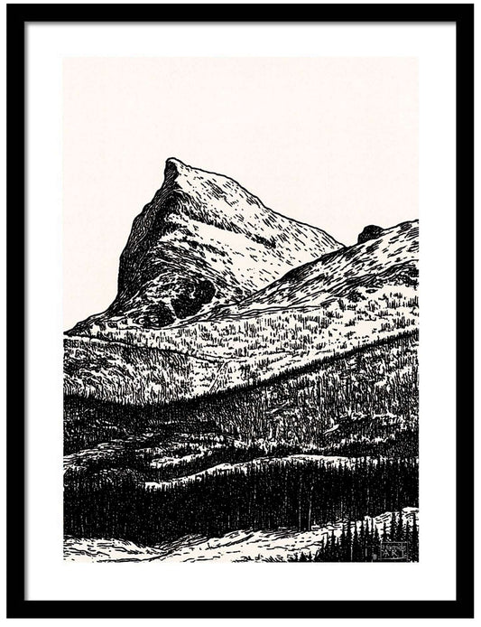 Tøttatoppen blekktegning Narvik – detaljert blekktegning av ikonisk fjelltopp ved Narvik i klassisk stil, kunstprint av HareideART
