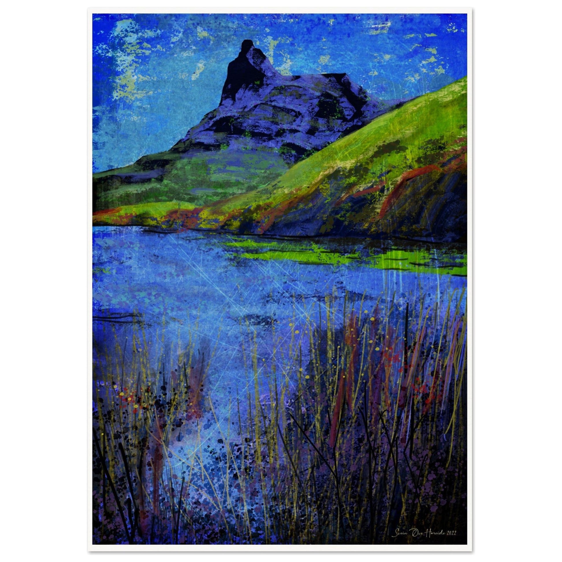 Abstrakt digitalt kunstprint av Tøttatoppen - det ikoniske fjellet ved Narvik sett i ekspressivt fargespill, malt av HareideART.