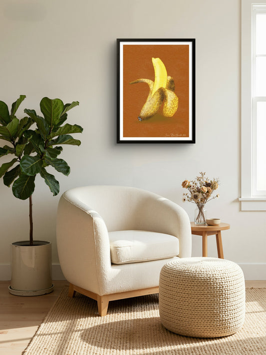 Pop Banana i sort ramme – lekent pop art kunstprint som tilfører humor og personlighet til rommet, HareideART